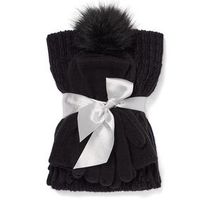 Black Winter Cabel Knit Hat Gloves and Scarf Gift Set